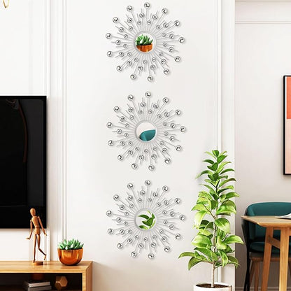 Uaussi 3 Pack Crystal Sunburst Wall Mirror Décor Rhinestone Mirrors Decorative Home Wall Art for Living Room Bedroom Entryway(Crystals Silver)