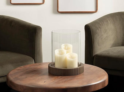 Kate and Laurel Rooks Modern Large Metal Pillar Candle Holder with Hurricane, 10 Inch Diameter, Antique Brass, Transitional Ribbed Oversized Hurricane Candle Holder with Glass Cylinder for Living Room