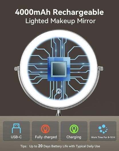 DOWRY 4000 mAh Rechargeable Lighted Makeup Mirror 20x Magnification Vanity Mirror Tabletop Two-Sided Swivel Gifts for Women Wife Mom Teengirls Chrome