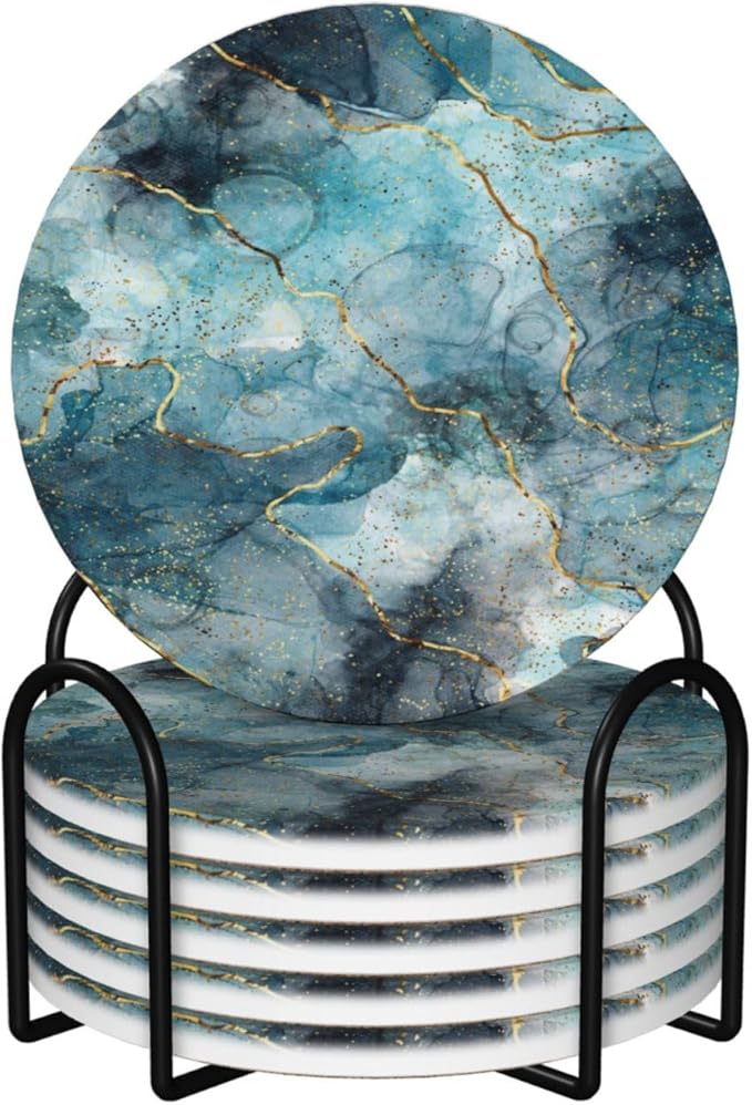 6 Pcs Ceramic Coasters with Holder Absorbent Drink Round Gold and Blue Marble Style Design for Home Table Coffee Cup Wine Beer Bar,Size 4.4 inches