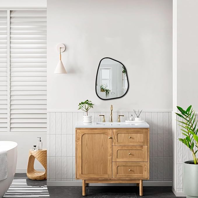 Irregular Wall Mirror Asymmetrical White Mirror Modern Wood Frame Unique Shape Wall Mounted Vanity Artistic Mirror Decor for Living Room Bedroom Bathroom Entryway Hallway 14"x10"