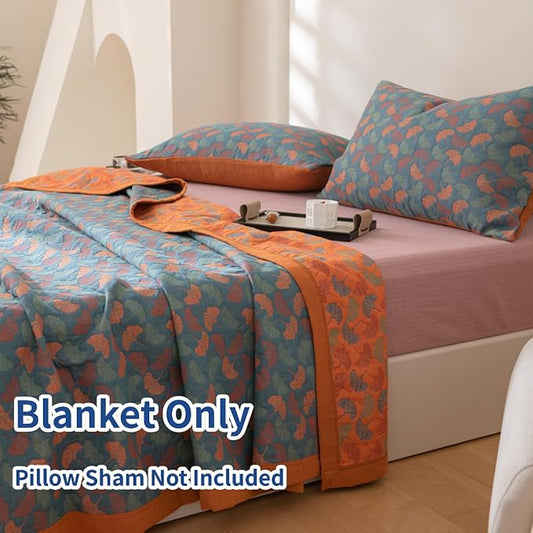100% Cotton Muslin Blanket Jacquard Floral Ginkgo Leaves Quilt, Soft Bed Cover 3 Layers Reversible Bedspread Coverlet Breathable Lightweight Bedding Full/Queen(78"x94"), No Pillow Sham