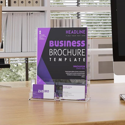 Acrylic Brochure Holder with Business Card Holder, 8.5"x 11", Clear Flyer Stands for Display, Ideal for Trade Show, Menu, Journals, Pamphlet, Magazine, Booklets, Literature (2-Pack Acrylic)