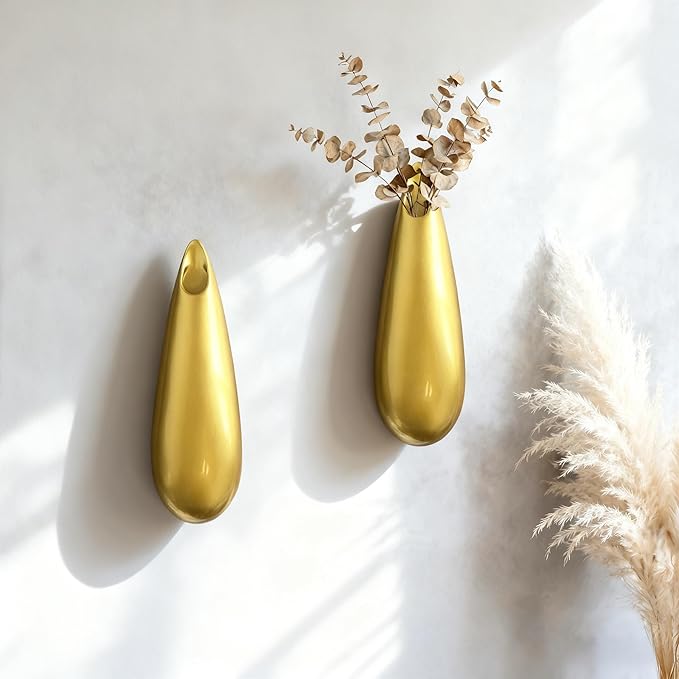 Sculptural Wall Ceramic Vase — 2 Pack Gold Hanging Sconce Vase | Turn Flowers into Art — Decorative Ceramic Wall Sconce for Single Stem Displays