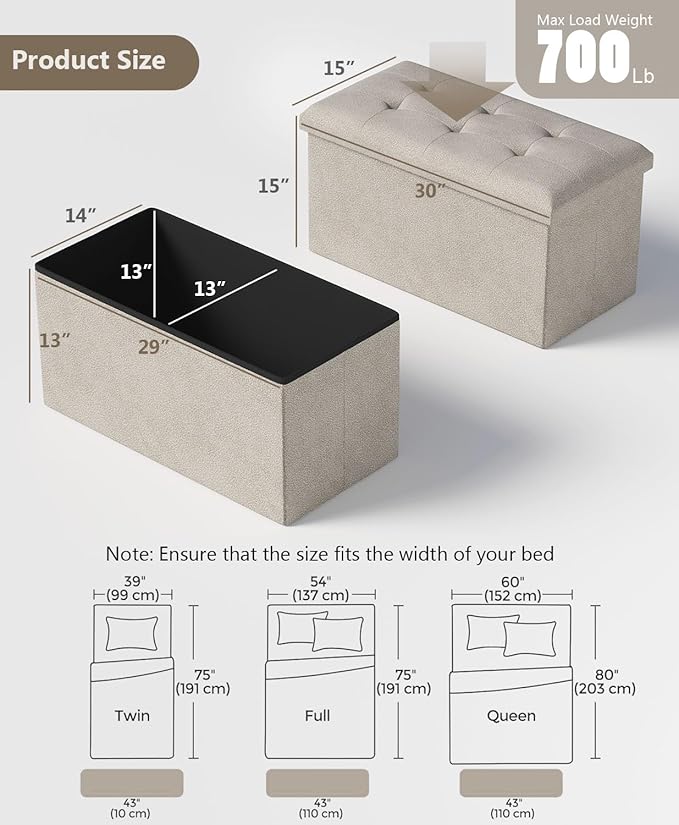 Storage Ottoman Bench, Folding Ottoman Foot Rest,15 x 30 x 15 Inches,End of Bed Bench,Storage Chest, for Living Room, Bedroom, Hallway, Entryway, Holds up to 600 lb (Sandy-Beige1, 30")