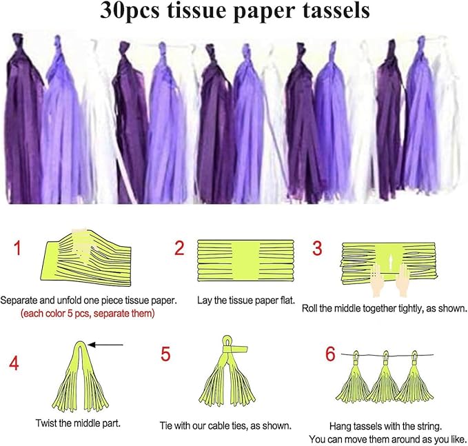 30pcs Paper Tassels Garland Banner Tissue Paper Tassel DIY Hanging Paper Decorations Party Tassel Garland Decor Baby Shower Nursery Wedding Festival Baby Shower Decoration(30, Purple kit)