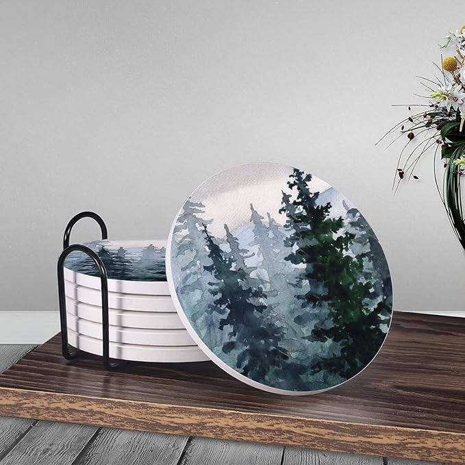 HUXJOKO Coasters for Drinks Set of 6,Watercolor Pine Forest Mountains Absorbent Ceramic Coaster,Round Stone Mat,with Cork Base and Metal Holder for Coffee Table Room Bar Home Decor Housewarming Gifts