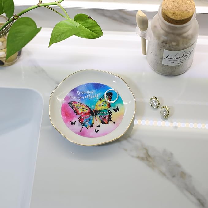 HOME SMILE Mother's Day Gifts for Mom Unique -I Love You Mom Jewelry Ring Dish Tray with Dynamic Butterfly Pattern Shifts for Mother