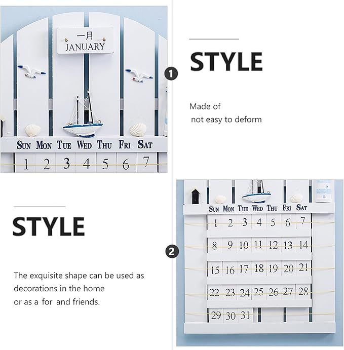 Wall Mounted Wooden Perpetual Calendar in Mediterranean Style, Material Removable Blocks, Home Decor for Office, School, Shop, White