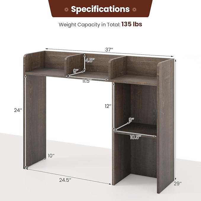 Desktop Bookshelf, 3-Tier Wood Countertop Bookcase with 5 Shelves, Desk Hutch for College Dorm, Multipurpose Desk Organizer Shelf Display Rack for Home Office, Hutch Top Only
