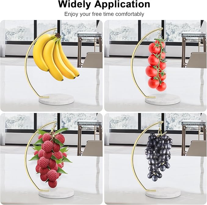 Livabber Banana Holder with Marble Base, Metal Banana Hanger Modern Tree Stand with Hook, Stylish Banana Keeper Fresh Fruit Storage Organizer Freestanding for Kitchen Countertop (Gold, Single Hook)