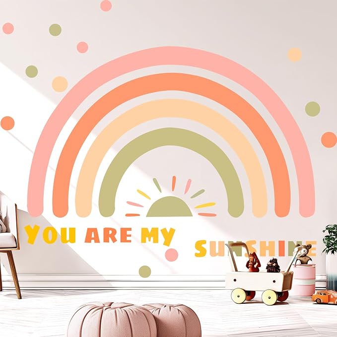 Large Rainbow Wall Decals, Sun Dots Peel and Stick Fabric Nursery Wall Decor, Removable Home Room Wall Decor Murals Stickers for Kids Girls Toddler Bedroom Living Room Playroom