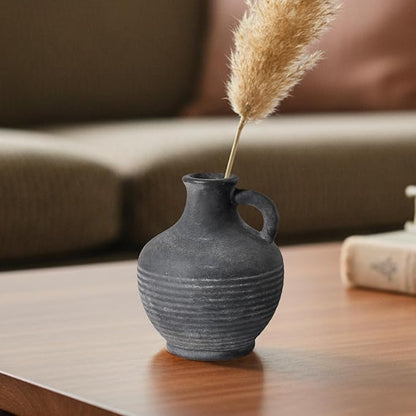 Black Ceramic Vase, Rustic Farmhouse Vase with Handle, 6 inch Terracotta Clay Small Vases, Centerpieces for Dining Table, Living Room, Bedroom, Entryway, Shelf Decor