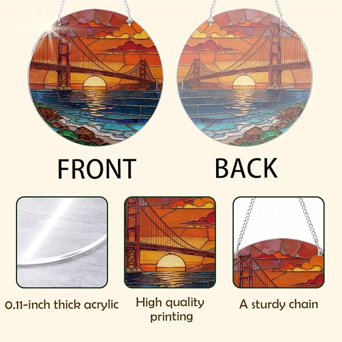 Sunset Bridge Landscape Acrylic Suncatcher, Artistic Colorful Sun Catcher, Indoor Window Wall Art, Aesthetic Home Decor, Window Door Decoration, Birthday Gift for Women, Men, Wife, Aunt, and Mom