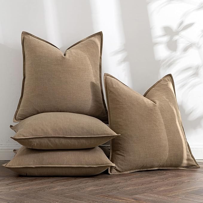 MIULEE Khaki Linen Pillow Covers Pack of 4 Decorative Natural Solid Throw Pillow Covers Soft Accent Boho Farmhouse Couch Pillowcases Modern Spring Home Decors for Living Room Bed Sofa 24x24 Inch