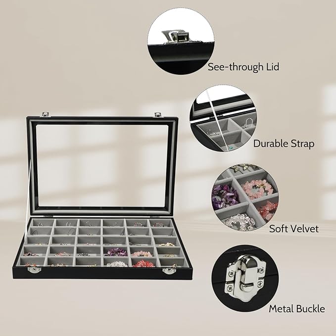 Stratalife Jewelry Organizer Earring Holder Jewelry Tray Earring Storage Organizer Display Rock Collection Box Jewelry Storage For Women Girls 30 Grid (Gray Black)