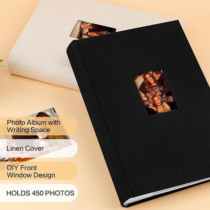 XFveiwoo Photo Album 4x6 450 Photos with Writing Space,4 x 6 Photo Book Linen Cover with Front Window, 4x6 Picture Album 450 Photos Photo Album Book for Wedding Kids Travel Family Baby Pictures, Black