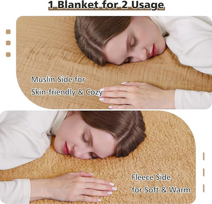 EMME Muslin and Fleece Throw Blanket Reversible - 50"*60" Beige Soft Warm Throw Blankets for Couch Bed Picnic Travel Bed