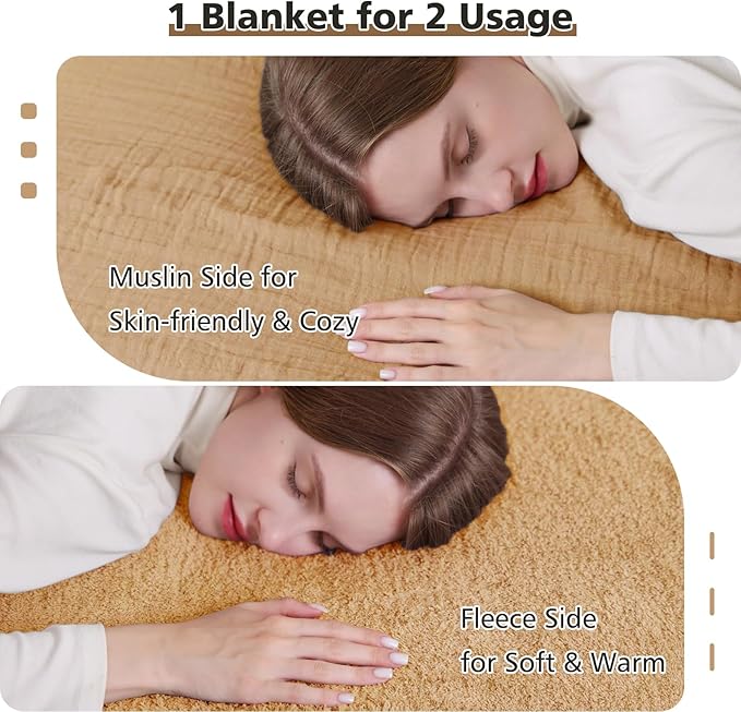 EMME Muslin and Fleece Queen Blanket Reversible - 80"*90" Beige Soft Warm Throw Blankets for Couch Bed Picnic Travel Bed