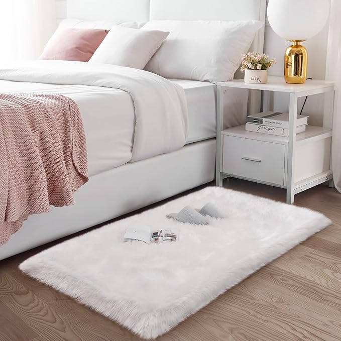 SERISSA Ultra Soft Faux Fur Area Rug White Fluffy Rug Plush Chair Cover Seat Pad Fuzzy Carpet Furry Besides Rug for Bedroom Floor Sofa Living Room 2x4 Feet (Rectangular, White)
