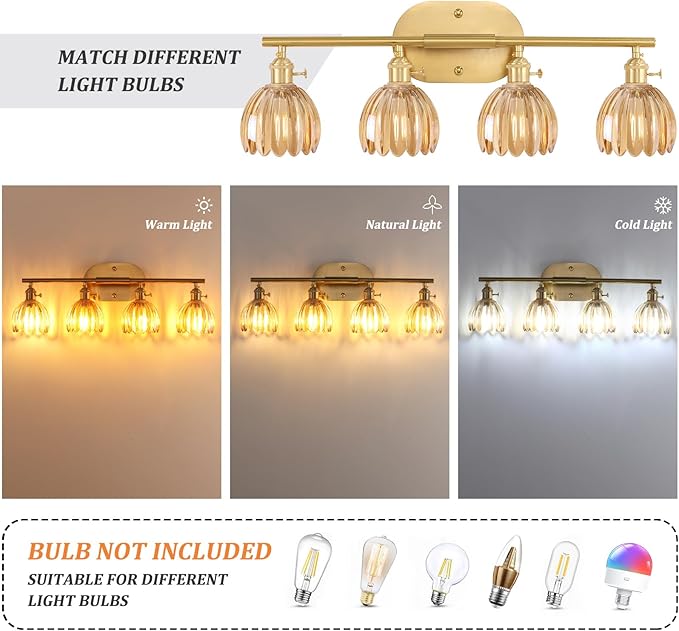 Bathroom Light Fixtures, 4-Light Brass Vanity Wall Light Over Mirror with Amber Tulip Glass Shade for Bedroom Living Room (Bulb Not Included)