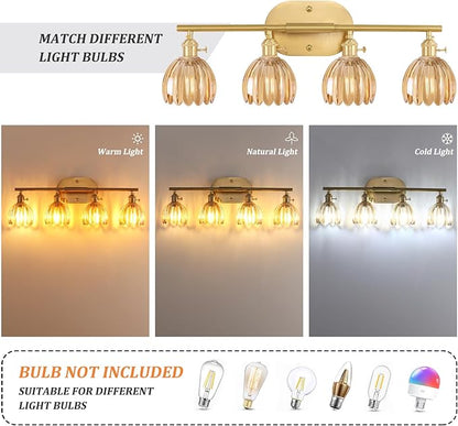 Bathroom Light Fixtures, 4-Light Brass Vanity Wall Light Over Mirror with Amber Tulip Glass Shade for Bedroom Living Room (Bulb Not Included)