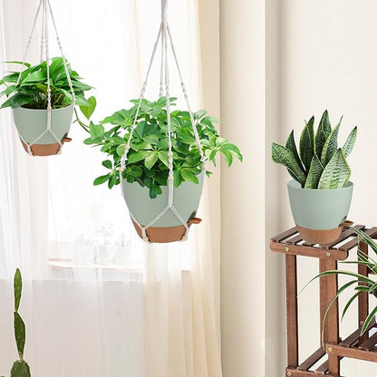 41.5 Inch Macrame Plant Hanger Indoor Outdoor with 12 Inch Flower Pot, Hanging Planter for Plants Holder with Wood Beads for Boho Home Decor (Ivory+Green)