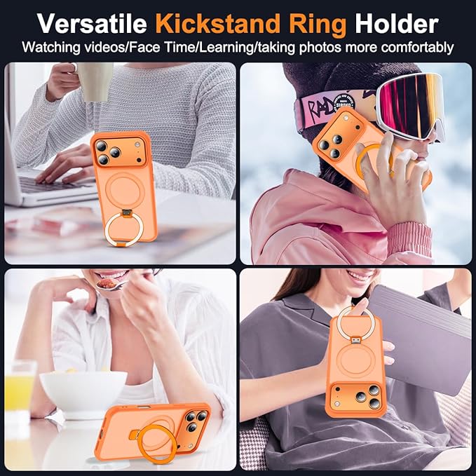 Compatible with iPhone 17 Pro Max Case with Invisible Magnetic O-Ring Stand Military-Grade Translucent Case for iPhone 17 ProMax 6.9" [Compatible with Mag-Safe][Great Grip Feeling],Orange