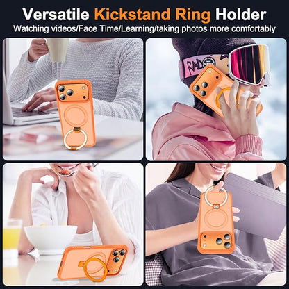 Compatible with iPhone 17 Pro Max Case with Invisible Magnetic O-Ring Stand Military-Grade Translucent Case for iPhone 17 ProMax 6.9" [Compatible with Mag-Safe][Great Grip Feeling],Orange
