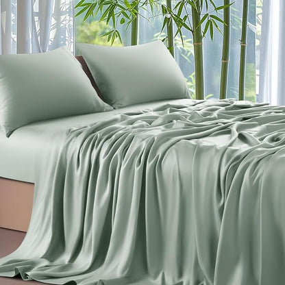Shilucheng 100% Viscose Derived from Bamboo_ Sheets Cal King Size 4pcs - Ultra Cooling & Silky Soft Bed Sheets, 16" Deep Pocket, Perfect for Hot Sleepers, Hotel Bedding Sheets (Sea Glass)