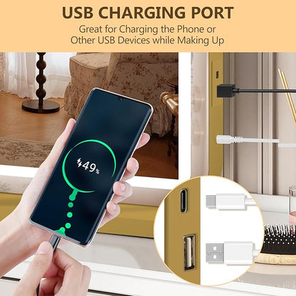 Vanity Mirror with Lights, Led Makeup Mirror, Lighted Makeup Mirror with 3 Color Dimmable Lights, Smart Touch Screen Control, Aluminum Metal Frame,USB Charging Port
