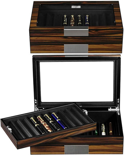 Pen Display Box Ebony Wood Display Case with Glass Window and Tray - Holds Up to 20 Pens