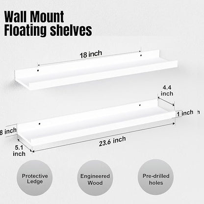 Boswillon 23.6 Inches Long Floating Shelves, 2 Set Modern White Wall Shelf for Bedroom, Nursery Book Shelf with Lip, Picture Ledge Shelf for Living Room, Bathroom, Kitchen