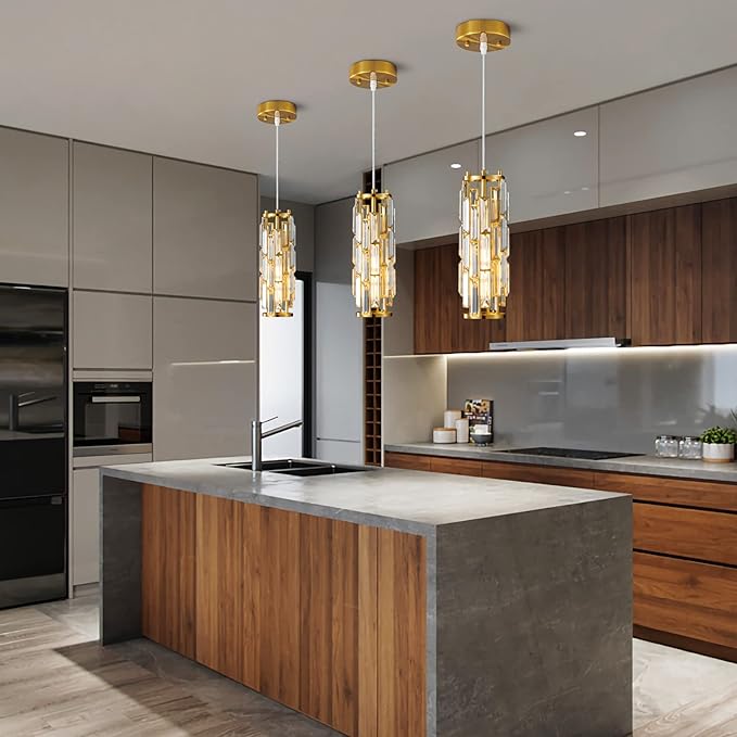 LMQNINE Pendant Lighting Modern Pendant Light, Mini Crystal Chandeliers,Adjustable Pendant Light Fixture for Kitchen Island Dinning Room Bedroom (Gold, 1-Light)