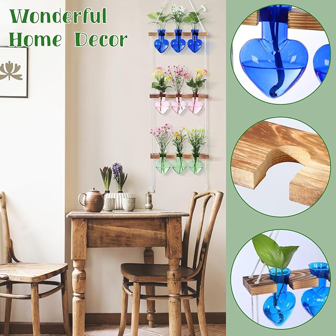 Leinuosen Wall Hanging Plant Propagation Stations 3 Tiered Planter Terrarium with Wooden Stand Home Decor Valentines Gifts for Her Hydroponics Plant Lovers - 9 Glass Vases(Heart Shaped,Multicolor)