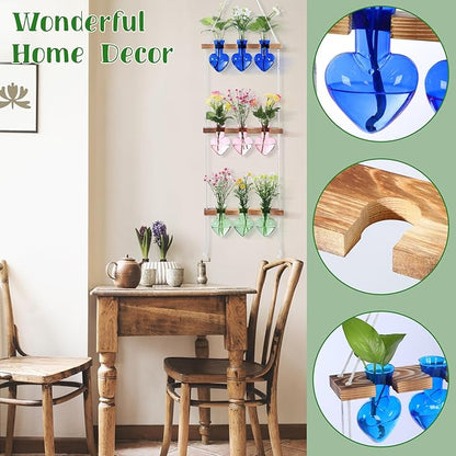 Leinuosen Wall Hanging Plant Propagation Stations 3 Tiered Planter Terrarium with Wooden Stand Home Decor Valentines Gifts for Her Hydroponics Plant Lovers - 9 Glass Vases(Heart Shaped,Multicolor)