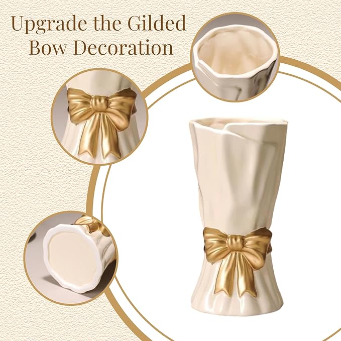 Bow Vase, White Flower Vase for Home Decor, White Ceramic Vases for Boho Style, 9.3 Inch Large Vases for Ideal Shelf Decor/Table/Living Room. (Glazed Exterior and Interior)