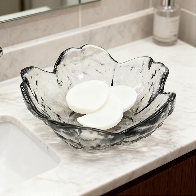 Flower Ring Dish Jewelry Tray, Glass Jewelry Dish Tray, Aesthetic Room Decor Small Trinket Dish, Nightstand Jewlery Ring Holder Dish, Bathroom Jewelry Plate Bowl for Rings Earrings Gift (Smoky Gray)