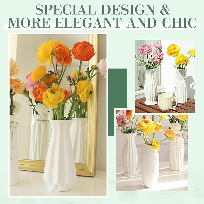 6 Pack White Ceramic Vase, Flower Vase Textured Table Centerpiece Weddings Vases with Twine Bow, Modern Home Decor, Fit for Foyer Living Room Fireplace Bedroom Kitchen 7.09-8.27" H