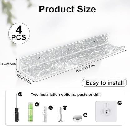 Rainbow Glitter Acrylic Floating Shelves, 15.7" Wall Mounted Nursery Bookshelves, Display Ledge for Books Toys Cosmetic Storage, Bathroom Bedroom Living Room Wall Organizer, 4 Pack, Silver