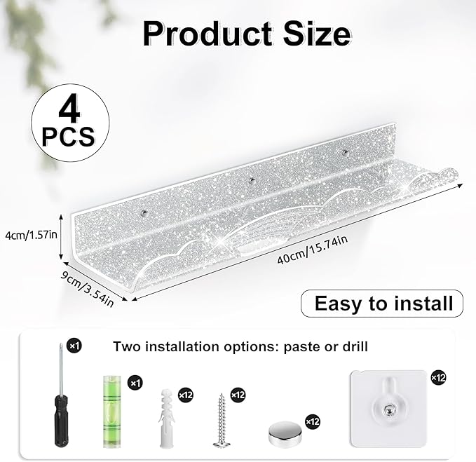 Rainbow Glitter Acrylic Floating Shelves, 15.7" Wall Mounted Nursery Bookshelf, Display Ledge for Book Toy Cosmetic Storage, Bathroom Bedroom Living Room Wall Organizer, 4 Pack, Silver Purple