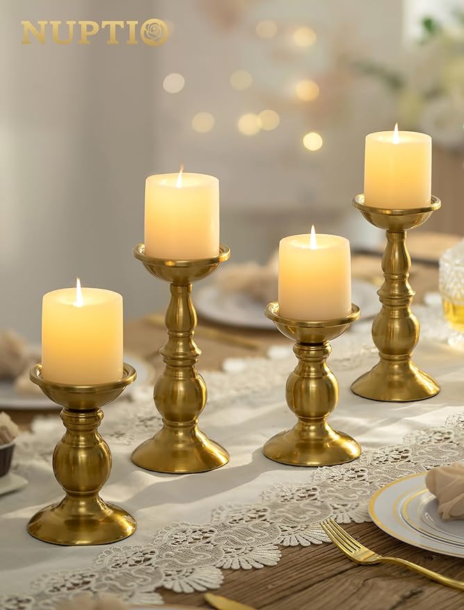 NUPTIO Pillar Candle Holder Brass: Gold Tall Candles Stand for Christmas New Year Party Centerpiece - Large Metal Candleholder Decorative for Table Fireplace Decor(2 x L)