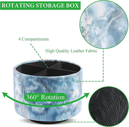 Round Leather Art Supply Organizer,Remote Control Holder,360-degree Rotating Pen Organizer with 4 Compartments(1-Marble Jade)