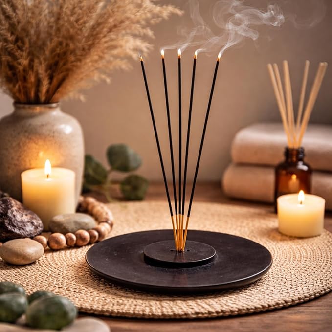 Handmade Marble Incense Holder - Round Incense Burner with Multiple Holes for Incense Sticks. Decorative Ash Catcher for Home and Office Decor. (4 inch Diameter, Black)