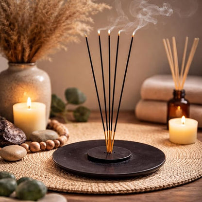 Handmade Marble Incense Holder - Round Incense Burner with Multiple Holes for Incense Sticks. Decorative Ash Catcher for Home and Office Decor. (4 inch Diameter, Black)