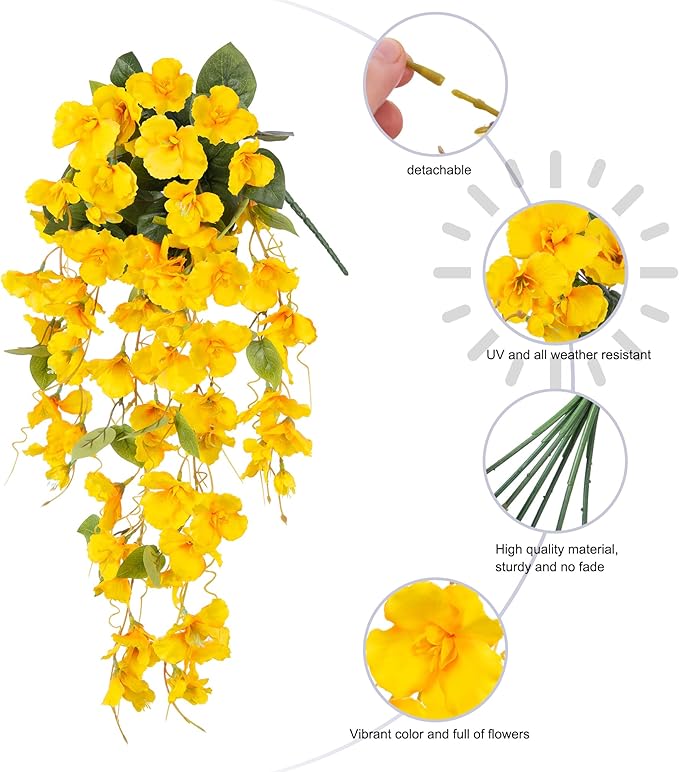 Fake Hibiscus Artificial Hanging Flowers Plants for Outdoors Spring Decoration, 2pcs Silk Hibiscus Vines Realistic UV Resistant Yellow Faux Flowers for Outside Planter Porch Patio Yard Wedding Party