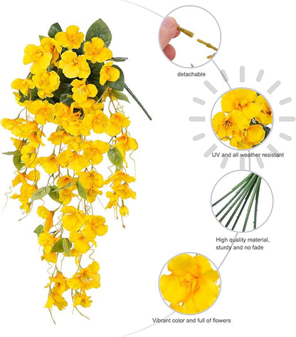 Fake Hibiscus Artificial Hanging Flowers Plants for Outdoors Spring Decoration, 2pcs Silk Hibiscus Vines Realistic UV Resistant Yellow Faux Flowers for Outside Planter Porch Patio Yard Wedding Party