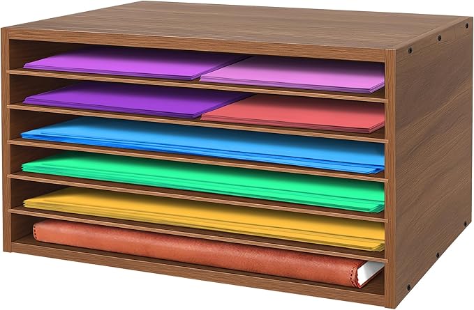 Prolee Construction Paper Organizer 20" x 13.5" x12.2",Soild Wooden Paper Organizer with 6-Tier Letter Trays, Desktop File Papers Sorter for Home, Classroom and Office (Walnut)