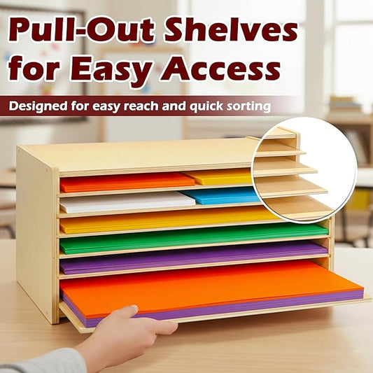 PROLEE Construction Paper Organizer,6-Tier Paper Organzier Wood Desktop Organizer,Papers Storage Rack,Letter Tray File Sorter for Home and Office (20.5"x13.2"X10.5")