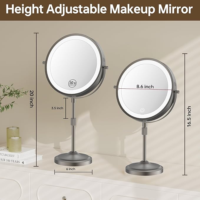 9" Lighted Makeup Mirror with with Lights and Magnification 1X/10x, 5000mAh Rechargeable Magnifying Vanity Mirror, 3 Light Colors Dimmable & Height Adjustable Mirror Gunmetal Grey